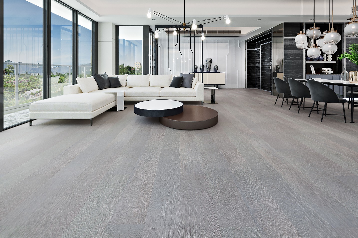 elegant living room with light grey hardwood flooring
